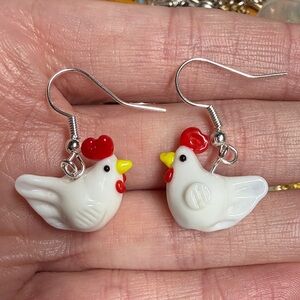 Glass White/Red Chicken Bird Earrings with Hypoallergenic Silvertone